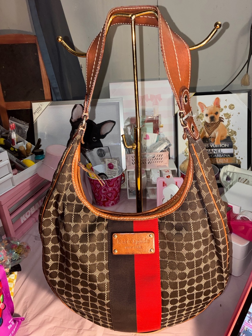 Vintage Kate Spade Classic Noel Kate Canvas Hobo Bag with Red Stripe